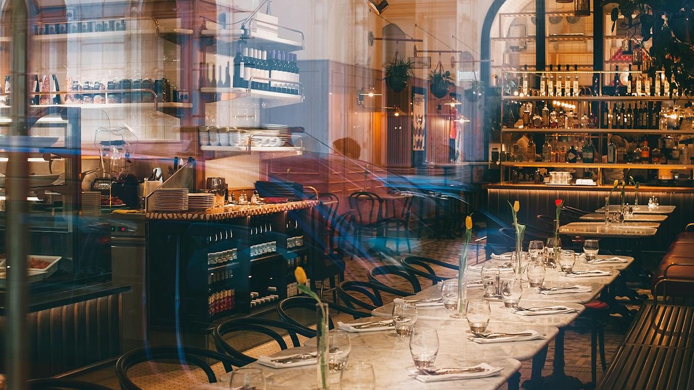 Interior of stylish cafe with elegant furniture and creative decor